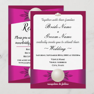 Bold Magenta Pearl Ribbon Wedding & Reception Invitation