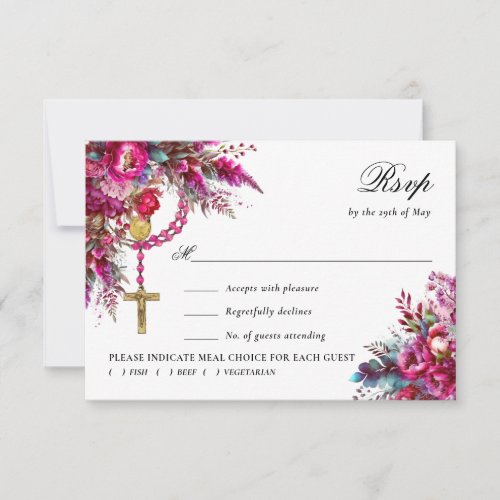 Bold Magenta Rosary Catholic Wedding Response Card