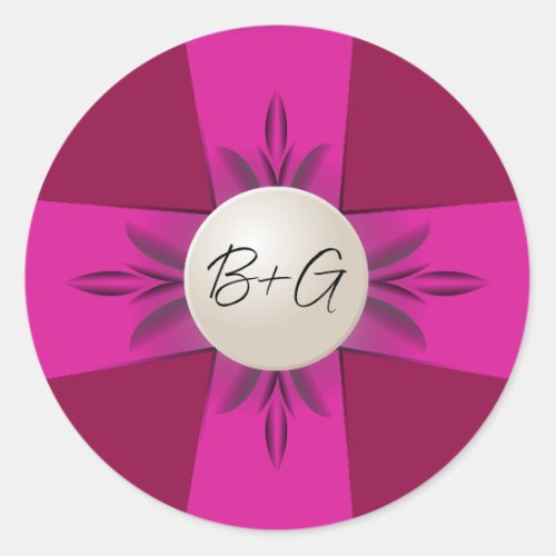 Bold Magenta  Wine Monogram Pearl Ribbon Wedding Classic Round Sticker