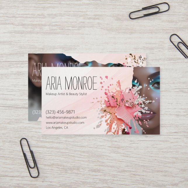 Bold Makeup Artist Splash Design Business Card (Front/Back In Situ)
