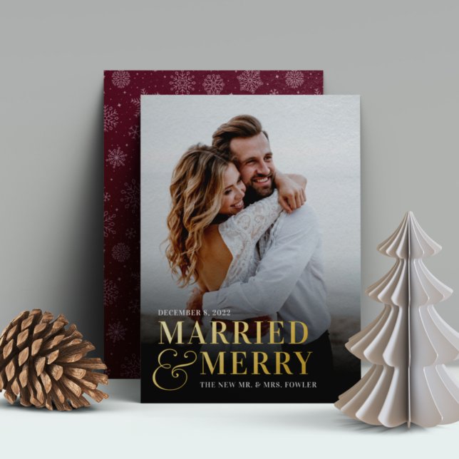 Bold Married & Merry Wedding Photo Newlywed Foil Holiday Card (Creator Uploaded)