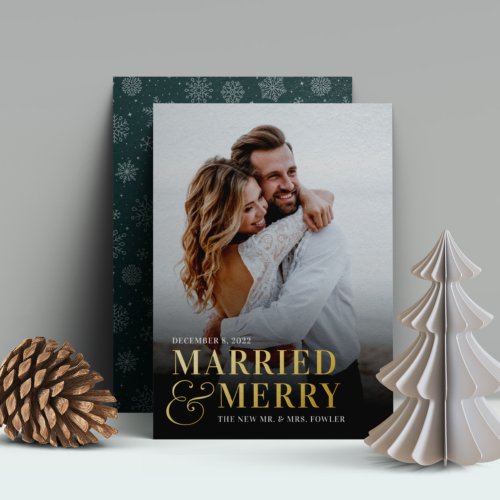 Bold Married  Merry Wedding Photo Newlywed Foil Holiday Card