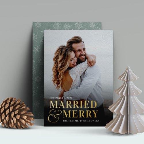 Bold Married  Merry Wedding Photo Newlywed Foil Holiday Card
