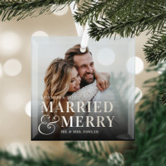 Bold Married & Merry Wedding Photo Newlywed Glass Ornament at Zazzle