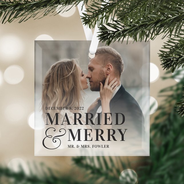 Bold Married & Merry Wedding Photo Newlywed Glass Ornament (Creator Uploaded)