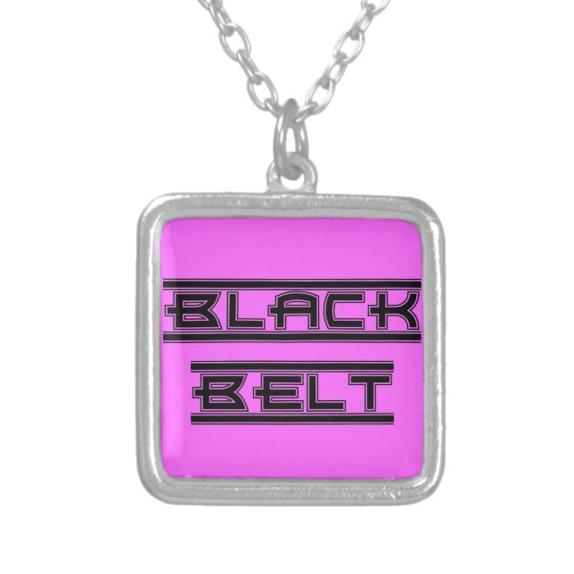 Bold Martial Arts Black Belt on Pink Silver Plated Necklace (Front)