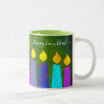 Bold Menorah Candles Happy Hanukkah Script Green Two-Tone Coffee Mug<br><div class="desc">“Happy Hanukkah.” Here’s an easy way to get in the holiday mood each morning. Add extra sparkle to your day whenever you relax with your favorite beverage in this colorful, custom Hanukkah coffee mug. A playful, artsy illustration of blue menorah candles with colorful faux foil patterns and modern typography overlay...</div>