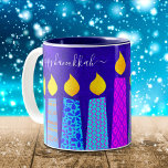 Bold Menorah Candles Happy Hanukkah Script on Blue Two-Tone Coffee Mug<br><div class="desc">“Happy Hanukkah.” Here’s an easy way to get in the holiday mood each morning. Add extra sparkle to your day whenever you relax with your favorite beverage in this colorful, custom Hanukkah coffee mug. A playful, artsy illustration of blue menorah candles with colorful faux foil patterns and modern typography overlay...</div>
