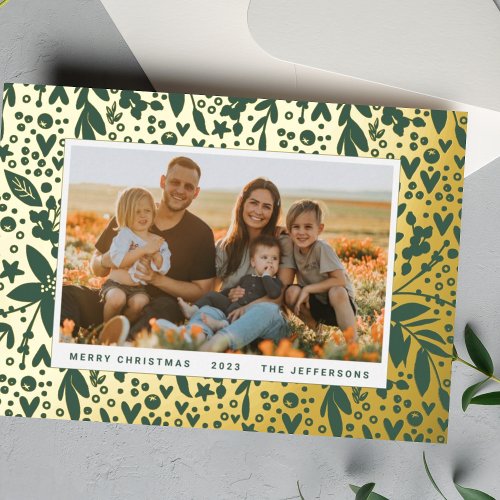 BOLD Merry Christmas Gold Green Botanical Frame Foil Holiday Card