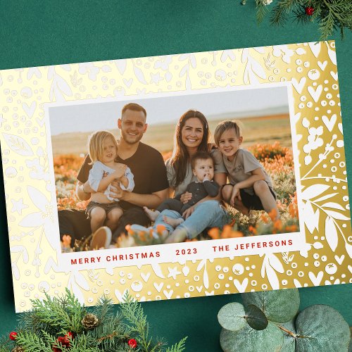 BOLD Merry Christmas Gold ReD Botanical Frame Foil Holiday Card