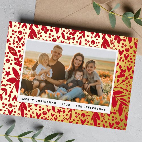 BOLD Merry Christmas Gold Red Botanical Frame Foil Holiday Card