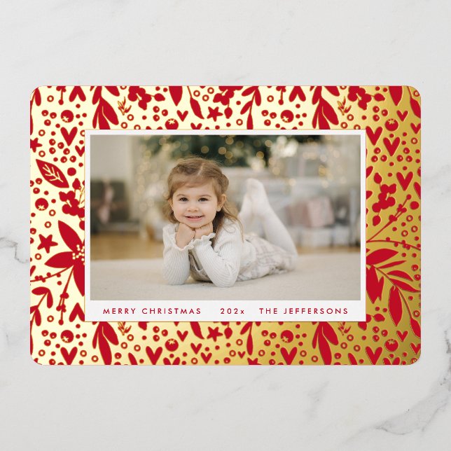 BOLD Merry Christmas Gold Red Botanical Frame Foil Holiday Card (Front)