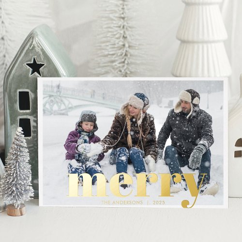 Bold Merry Christmas Typography Modern Photo Gold Foil Holiday Card