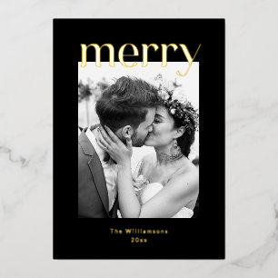 Bold Merry Christmas Wedding Photo Black Gold Foil Holiday Card