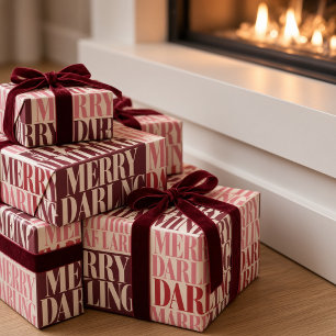Bold Merry Darling Typography Pink Burgundy Wrapping Paper