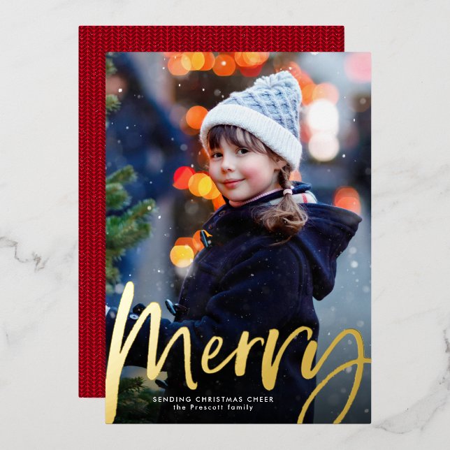 Bold merry script one photo Christmas Foil Holiday Card (Front/Back)