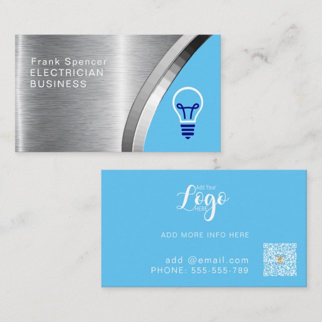 Bold Metallic Blue & Silver Electrician Business Business Card (Front/Back)