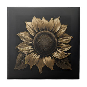 Bold Metallic Sunflower on Black Ceramic Tile