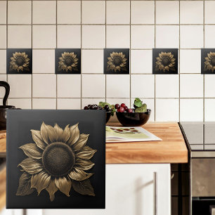 Bold Metallic Sunflower on Black Ceramic Tile