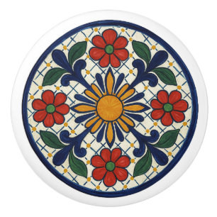 Bold Mexican Talavera Sunburst Ceramic Knob