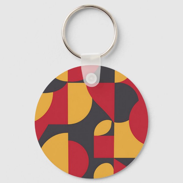 Bold Mid-Century Geometric Red Yellow Gray Pattern Keychain (Front)