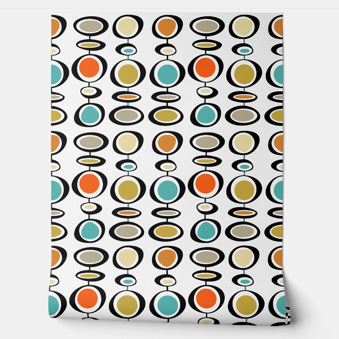 Bold Mid Century Orange Turquoise Abstract Circles Wallpaper (Unrolling)