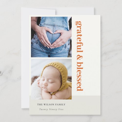 Bold Minimal 2 Photo Red Rust Grateful  Blessed Holiday Card