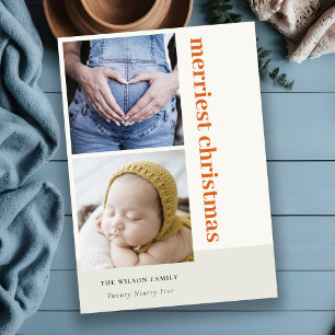 Bold Minimal 2 Photo Red Rust Merriest Christmas Holiday Card