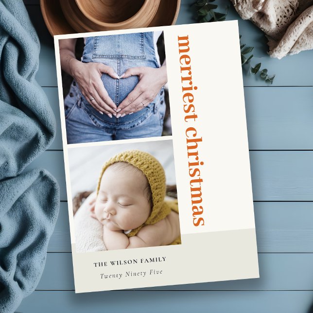 Bold Minimal 2 Photo Red Rust Merriest Christmas Holiday Card (Creator Uploaded)