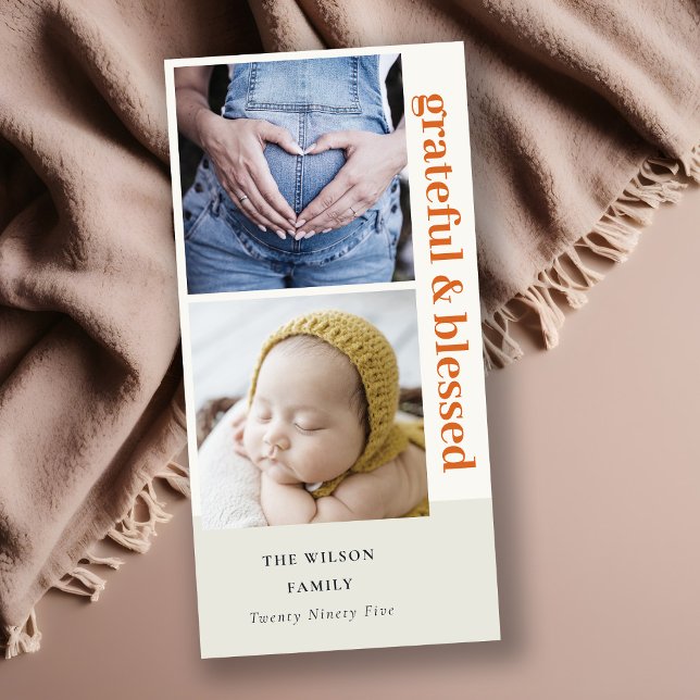 Bold Minimal 2 Photo Rust Red Grateful & Blessed Holiday Card (Creator Uploaded)