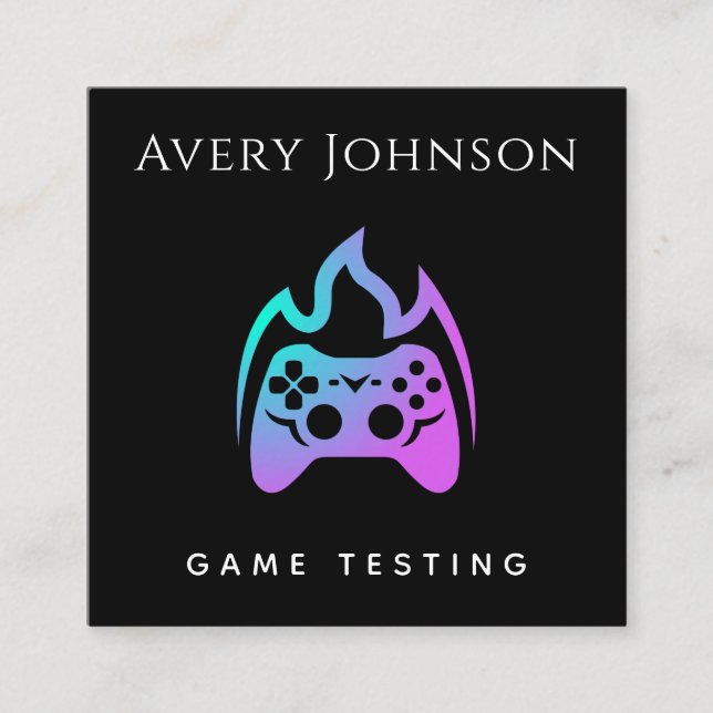 Bold & Minimal Game Testing Neon Gradient Joystick Square Business Card (Front)