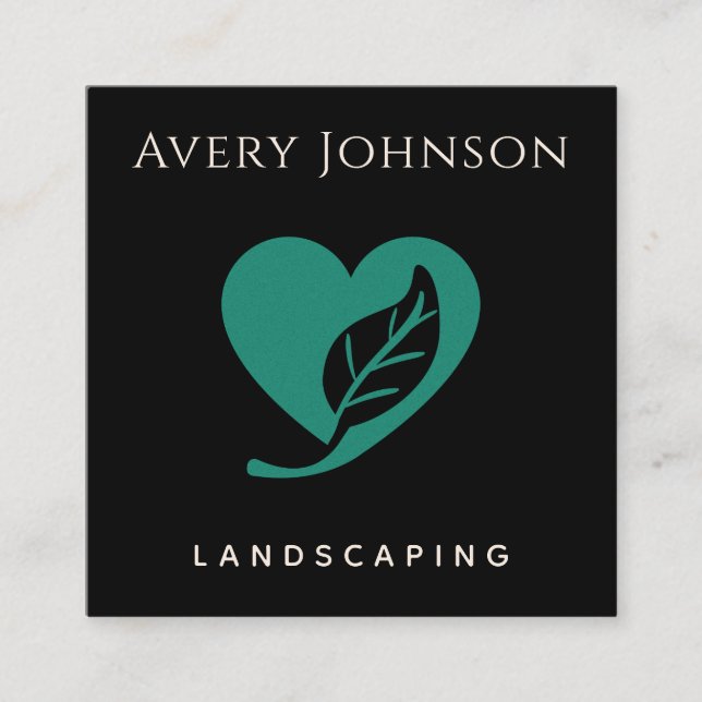 Bold & Minimal Green Leaf Heart Landscaping Lawn  Square Business Card (Front)