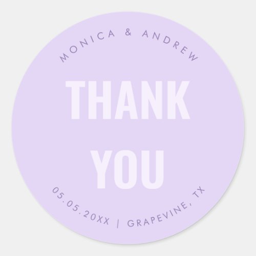 Bold Minimal Lilac Lavender Thank You Wedding Classic Round Sticker