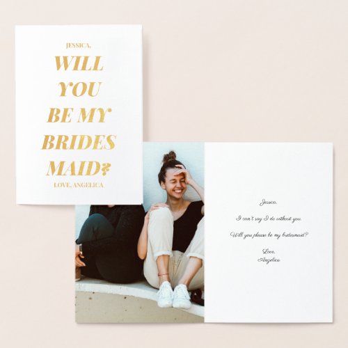 Bold Minimal Photo Bridesmaid Proposal Foil Card