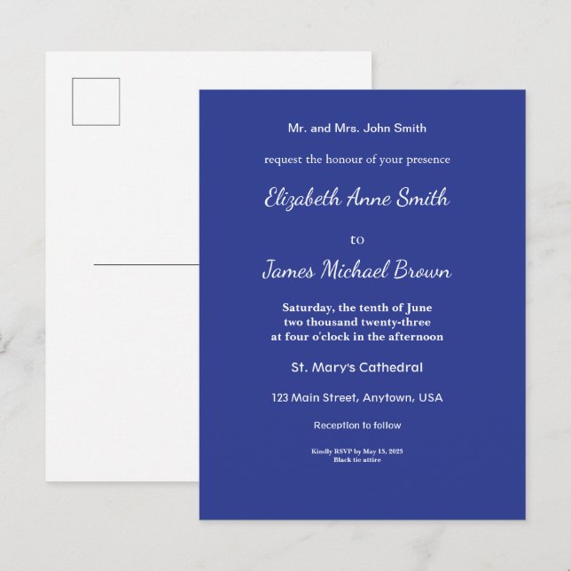 Bold Minimal Wedding Invite in Deep Blue (Front/Back)