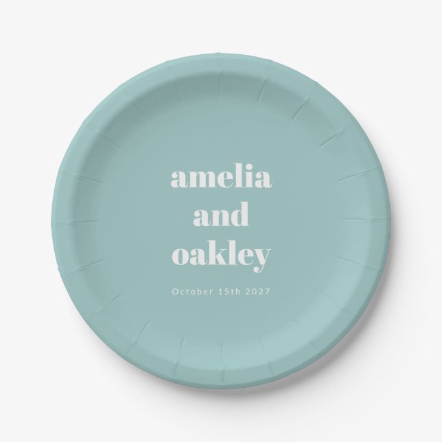 Bold Minimalist Aqua Blue Retro Custom Wedding Paper Plates (Front)