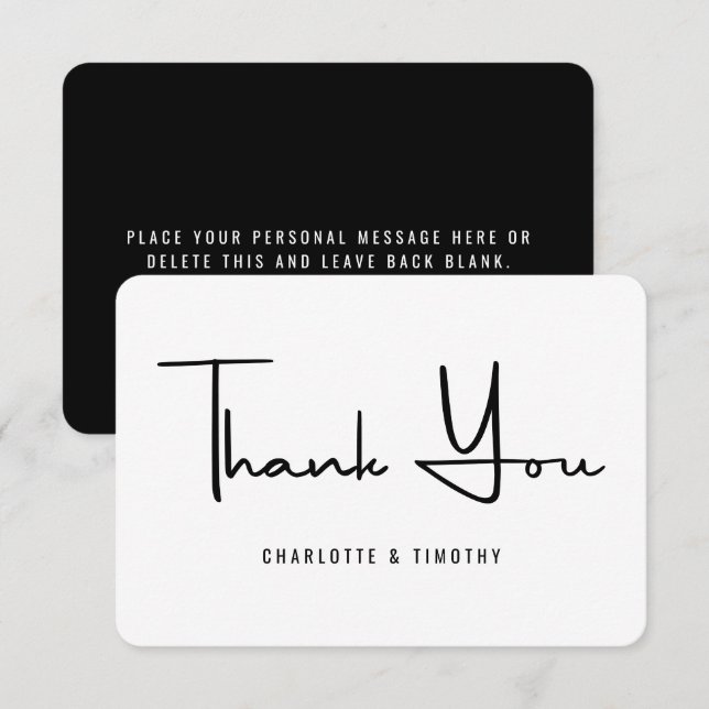 Bold Minimalist Black White Script Wedding Thank You Card (Front/Back)