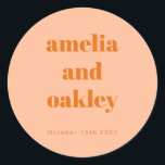Bold Minimalist Boho Peach Orange Custom Wedding Classic Round Sticker<br><div class="desc">Personalize your wedding favors with these elegant custom stickers. In Peach Orange,  these stickers add a stylish touch to gift boxes,  envelopes,  and more. Customize with your names and wedding date for a beautiful and thoughtful detail your guests will love!</div>