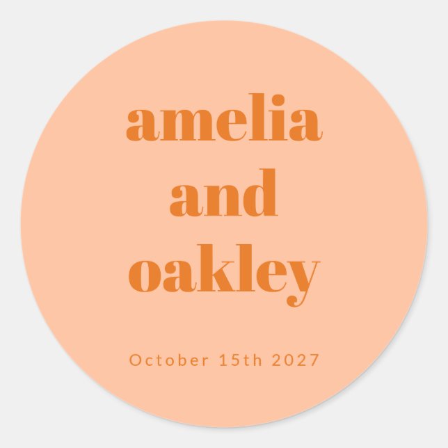 Bold Minimalist Boho Peach Orange Custom Wedding Classic Round Sticker (Front)