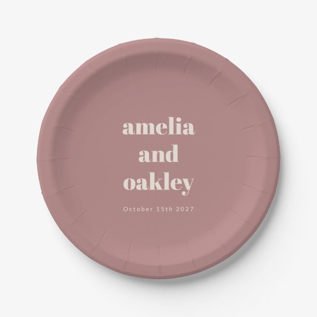 Bold Minimalist Dusty Rose Retro Custom Wedding Paper Plates (Front)