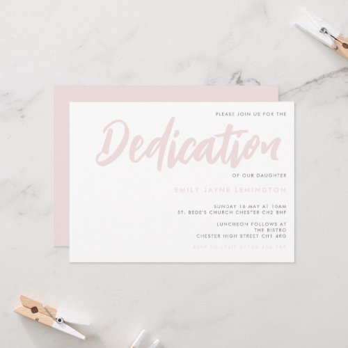 Bold Minimalist Handwriting Blush Baby Dedication Invitation