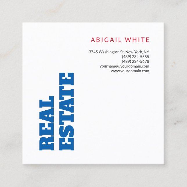 Bold Minimalist Modern Blue White Real Estate Square Business Card (Front)