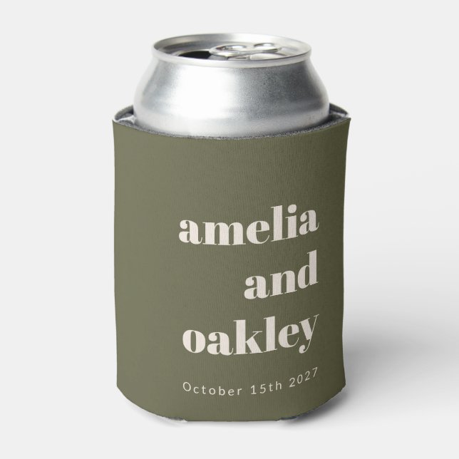 Bold Minimalist Olive Fall Retro Custom Wedding Can Cooler (Can Front)