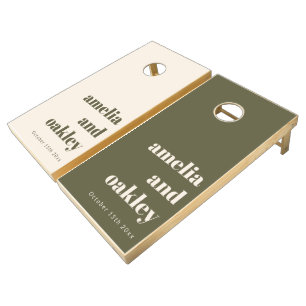 Bold Minimalist Olive Green Retro Custom Wedding Cornhole Set