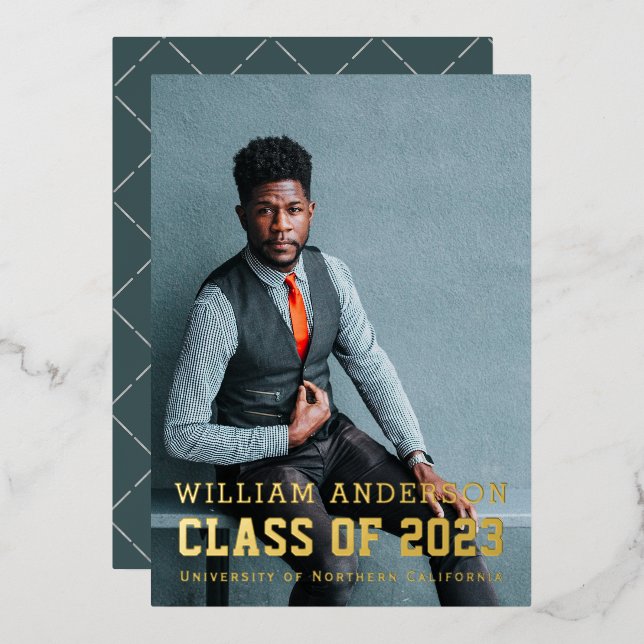 Bold Minimalist Photo Navy Blue Graduation Party Foil Invitation (Front/Back)