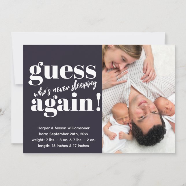 Bold Minimalist Photo Twins Birth Announcement (Front)