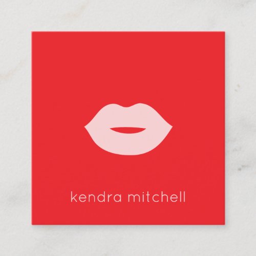 Bold Minimalist Pink Lips Logo Makeup Artist Red Square Business Card