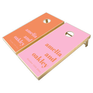 Bold Minimalist Pink Orange Retro Custom Wedding Cornhole Set