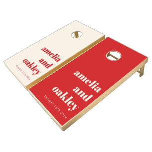 Bold Minimalist Red White Retro Custom Wedding Cornhole Set