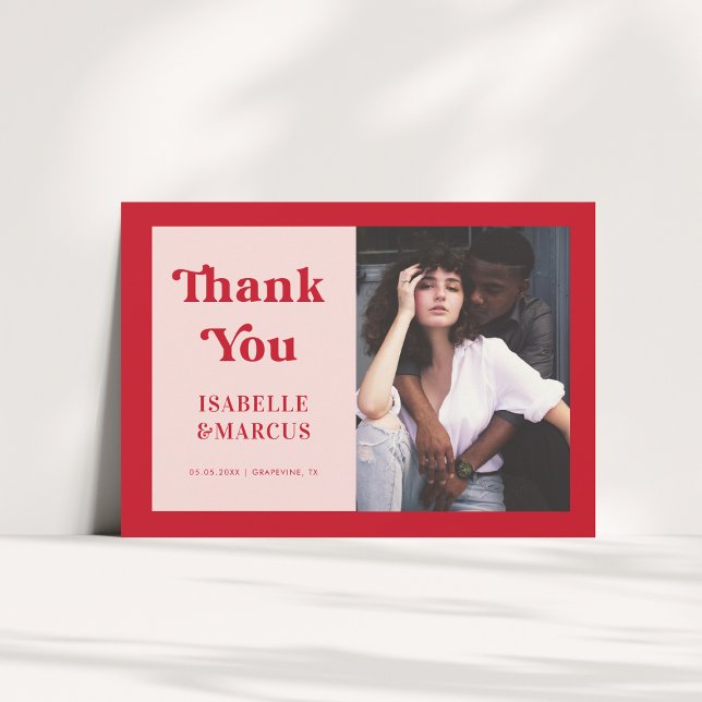 Bold & Minimalist Retro Script Red & Pink Wedding Thank You Card (Creator Uploaded)